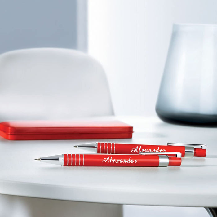 Personalised Engraved Red Pen and Pencil Set with Silver Trim in Engraved Red Case