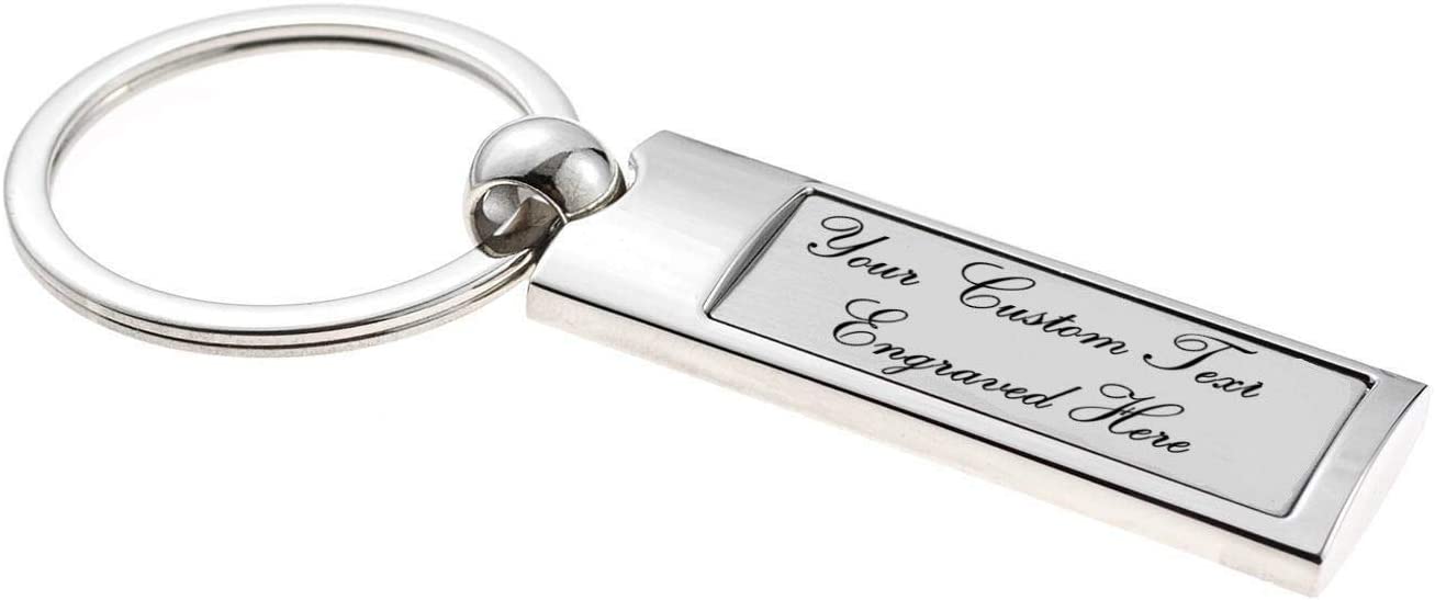 Personalised Engraved Chrome Rectangle Tag Keyring in Protective Sleeve