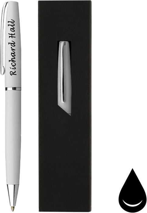 Paul Clover Personalised Engraved Glossy White Ballpoint Pen with Silver Trim and Presentation Box