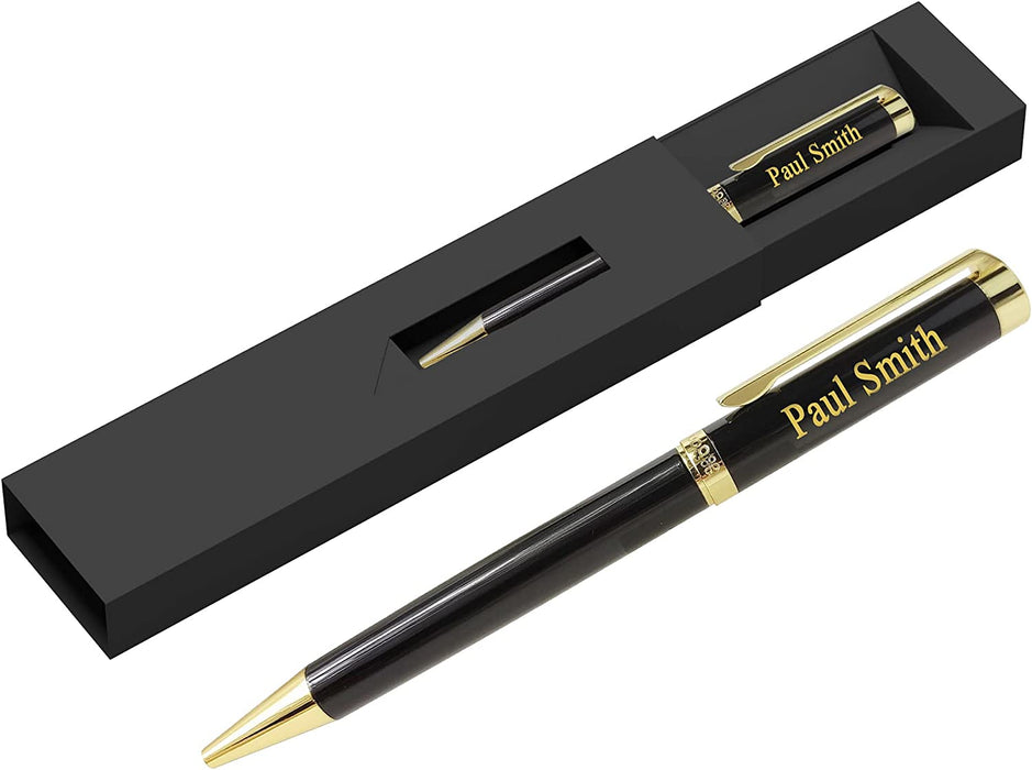 Paul Clover Personalised Black Lacquer Ballpoint Pen with Gold Trim in Gift Box or Chrome Case