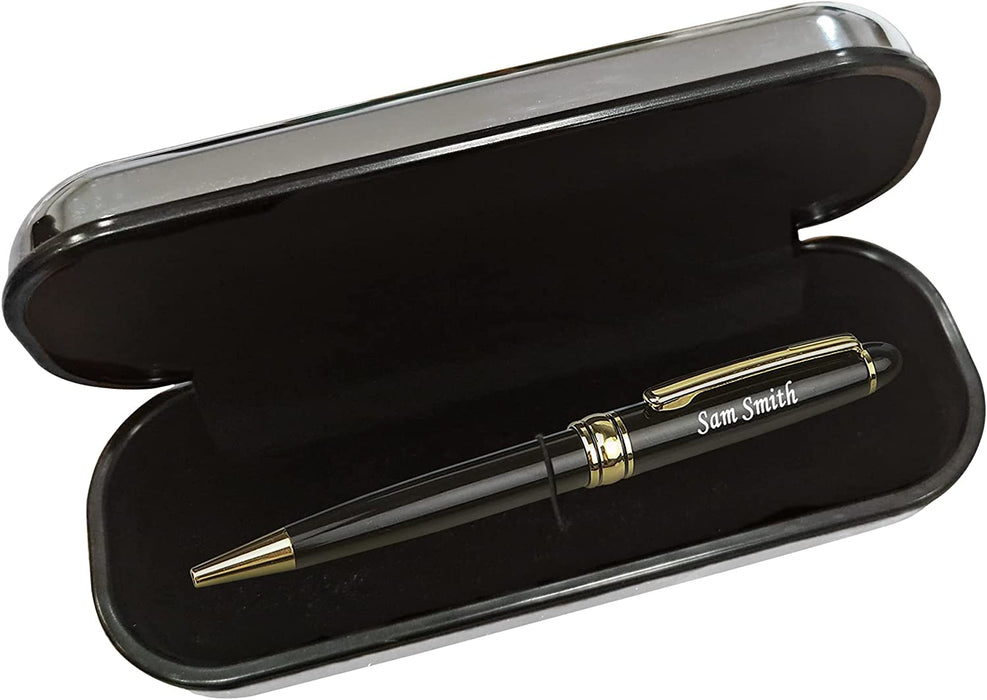 Paul Clover Personalised Black Ballpen with Gold Trim and Engraved SIlver Chrome Case