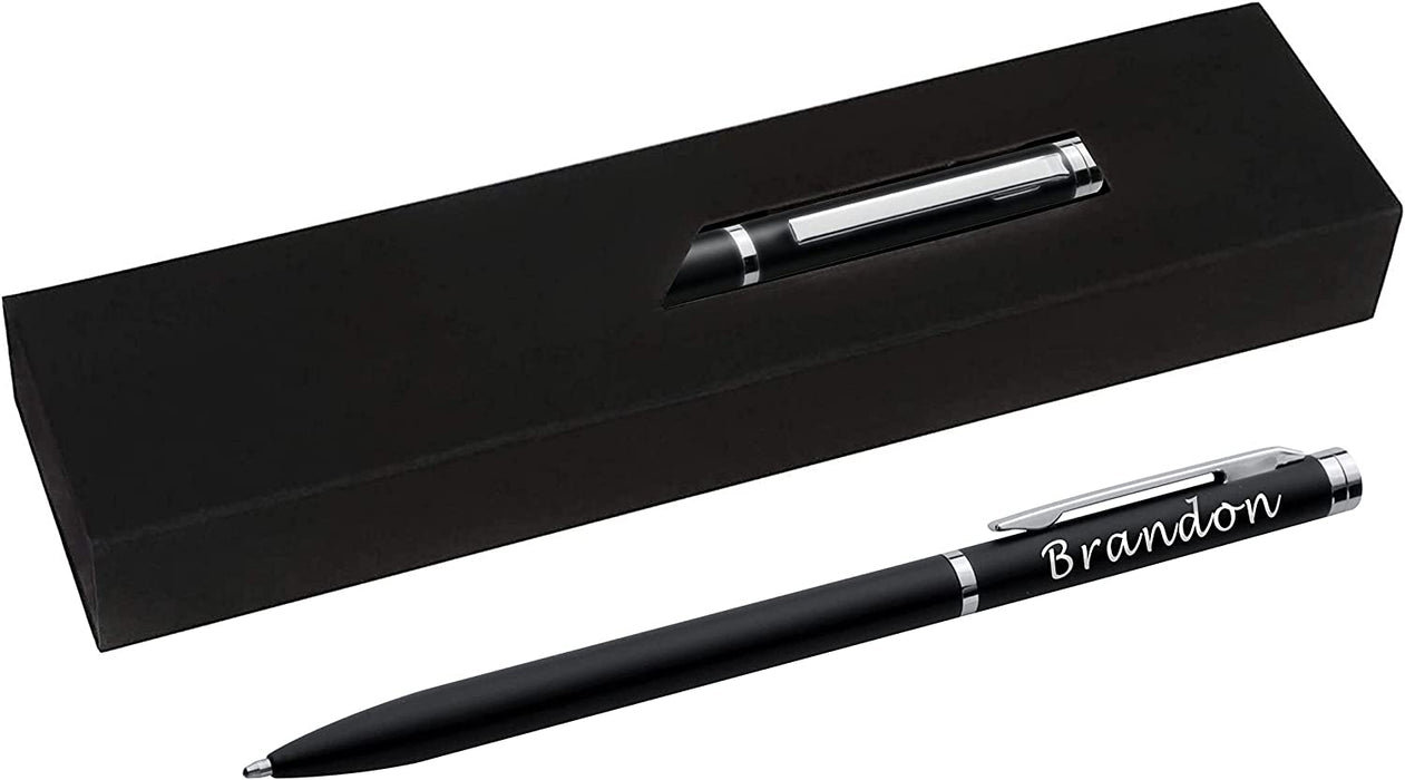 Personalised Engraved Black Slim Ballpoint Pen with Silver Trim in Chrome Case or Gift Box