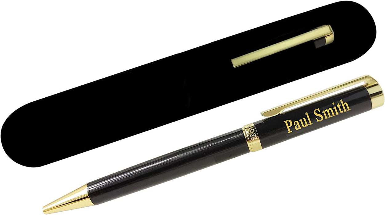 Paul Clover Personalised Black Lacquer Ballpoint Pen with Gold Trim in Gift Box or Chrome Case