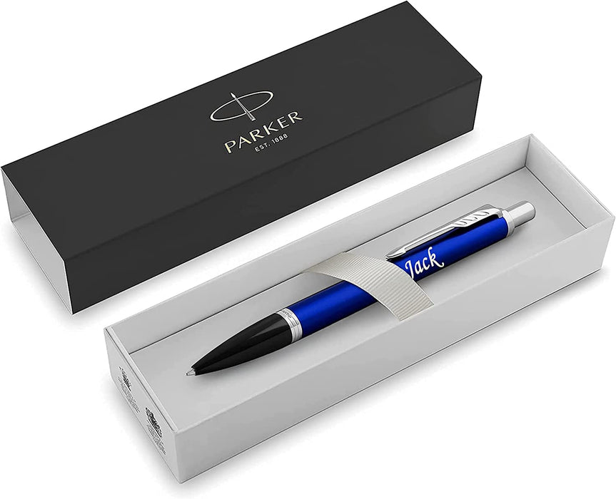 Personalised Engraved Parker Metallic Blue Urban Ballpoint Pen with SIlver Trim in Parker Gift Box