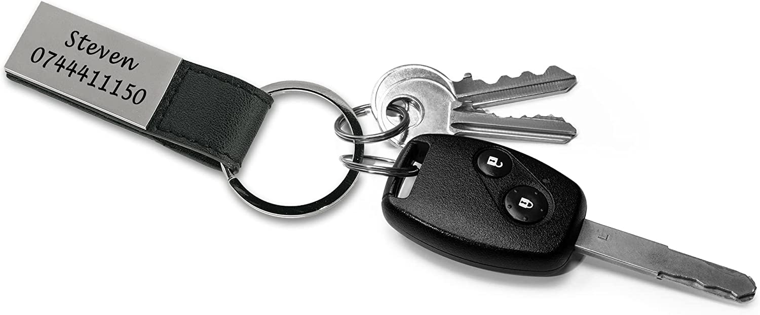 Personalised Silver Metal Keyring with Black Leather Strap