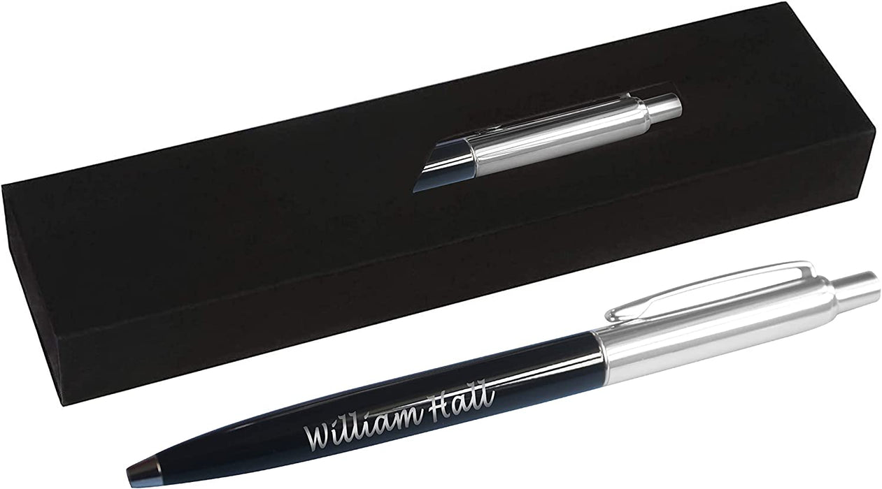 Personalised Engraved Black Slim Ballpoint Pen with Silver Trim in Chrome Case or Gift Box