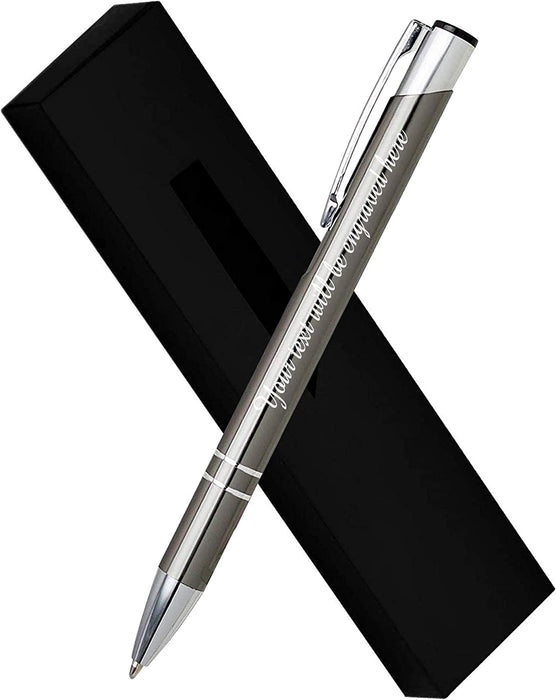 Personalised Engraved Dark Grey Ballpen with Silver Trim in Gift Box or Velvet Pouch with Refill Options