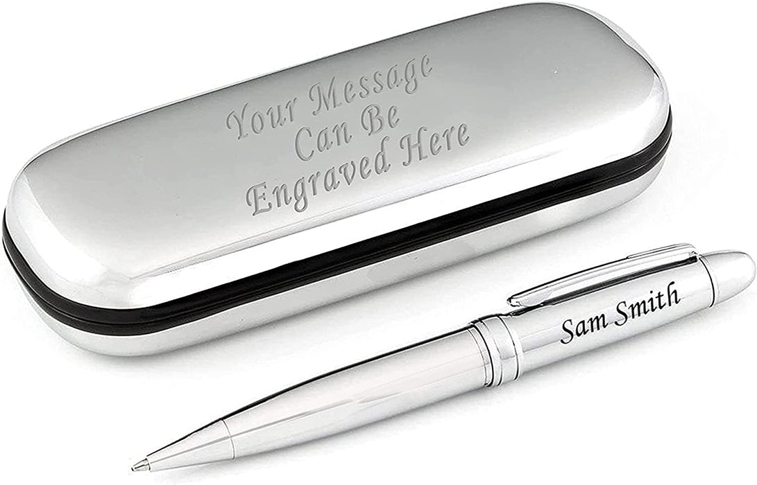 Paul Clover Personalised Silver Ballpen with Silver Trim and Engraved SIlver Chrome Case