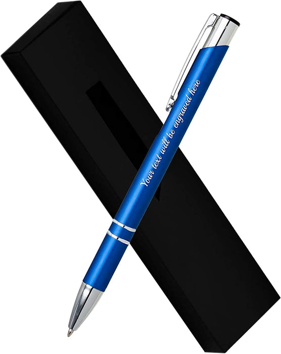 Personalised Engraved Dark Blue Ballpen with Silver Trim in Gift Box or Velvet Pouch with Refill Options