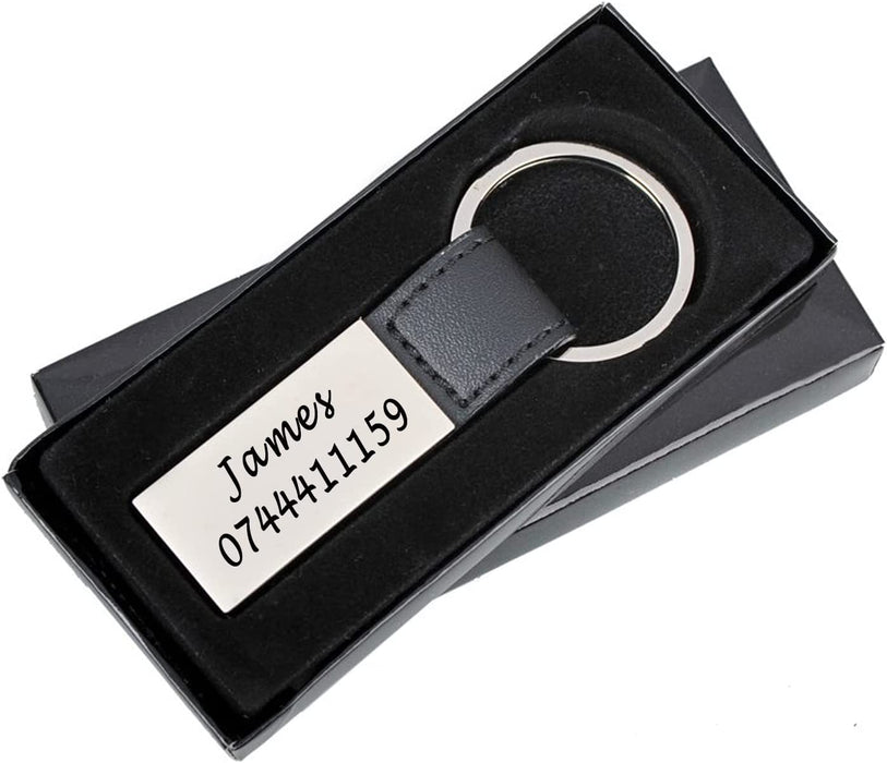 Personalised Silver Metal Keyring with Black Leather Strap