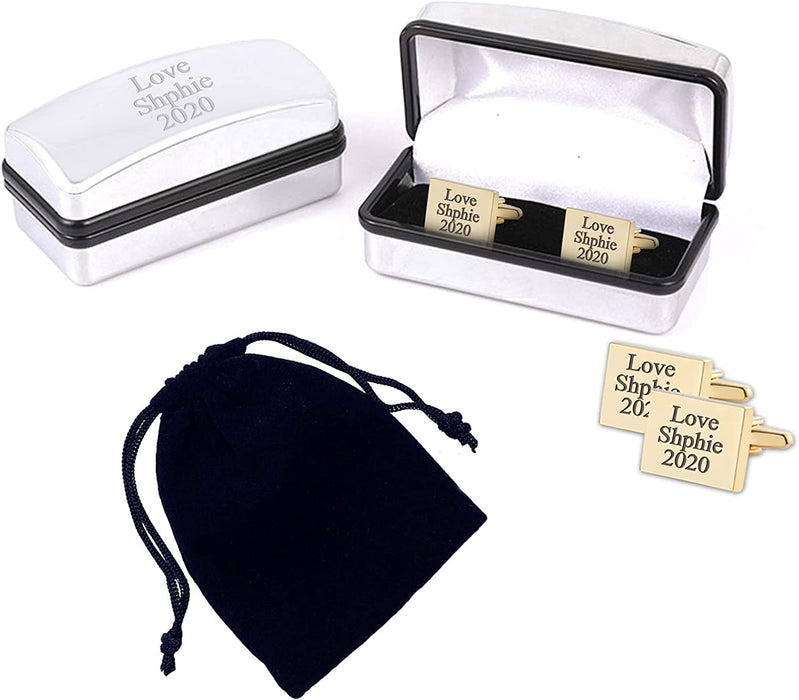 Personalised Large Gold-Plated Rectangle Cufflinks in Chrome Gift Case and Velvet Pouch