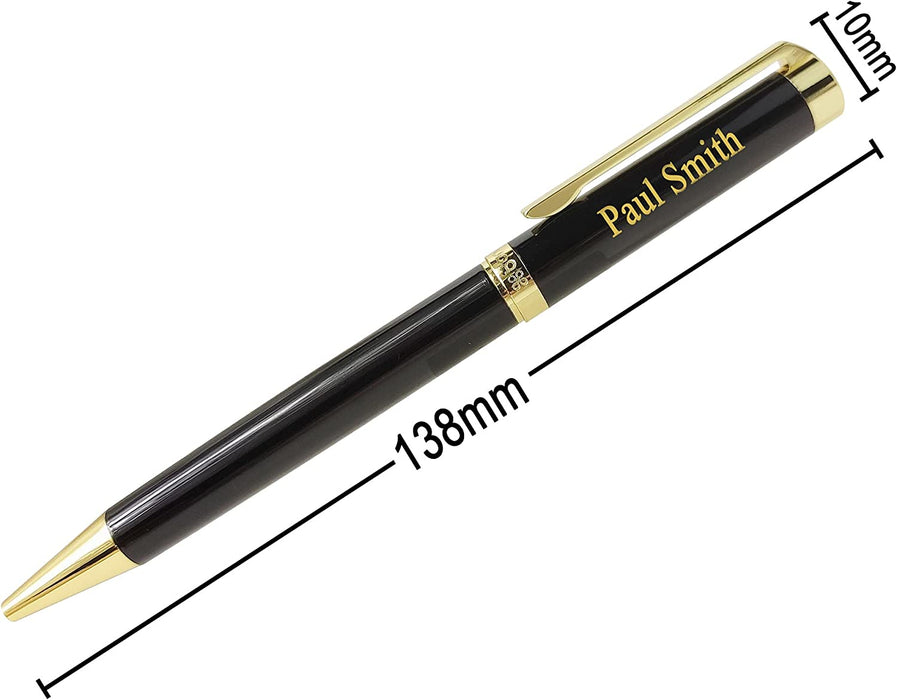 Paul Clover Personalised Black Lacquer Ballpoint Pen with Gold Trim in Gift Box or Chrome Case