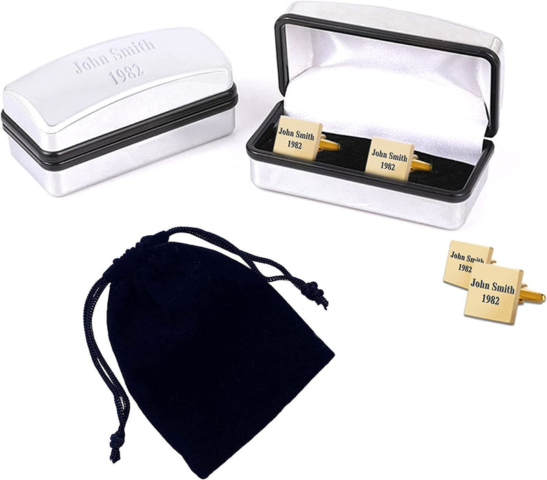 Paul Clover Personalised Gold-Plated Square Cufflinks in Chrome Gift Case and Velvet Pouch