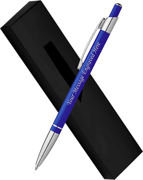 Personalised Engraved Blue Ballpoint Pen with Silver Trim and Clip in Gift Box and Velvet Pouch