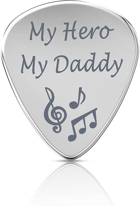 Personalised Stainless Steel Guitar Pick in 2 Designs with Leather Case in Different Colours