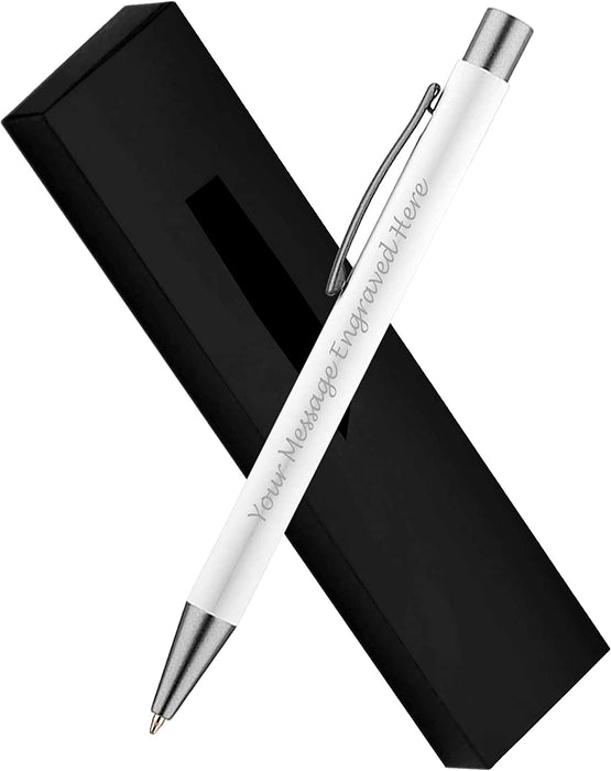 Personalised White Ballpoint Pen with Rubber Design and Silver Trim in Gift Box or Velvet Pouch