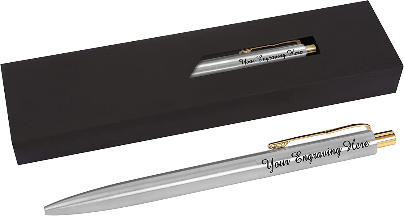 Personalised Silver Stainless Steel Ballpoint Pen with Gold Trim and Gift Box or Velvet Pouch