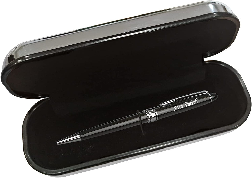 Paul Clover Personalised Black Ballpen with Silver Trim and Engraved SIlver Chrome Case