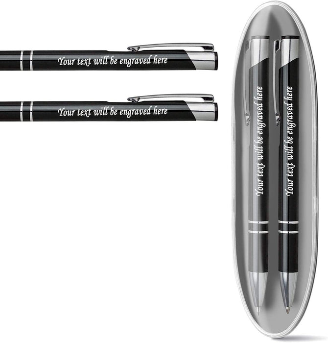 Personalised Engraved Black Pen and Pencil Set with Silver Trim in Presentation Case