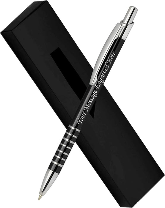 Personalised Engraved Black Aluminium Ballpoint Pen with Striped Silver Trim and Presentation Box