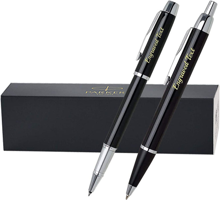 Personalised Parker IM Black Ballpen & Rollerball Pen Set with Silver Trim in Parker Presentation Box