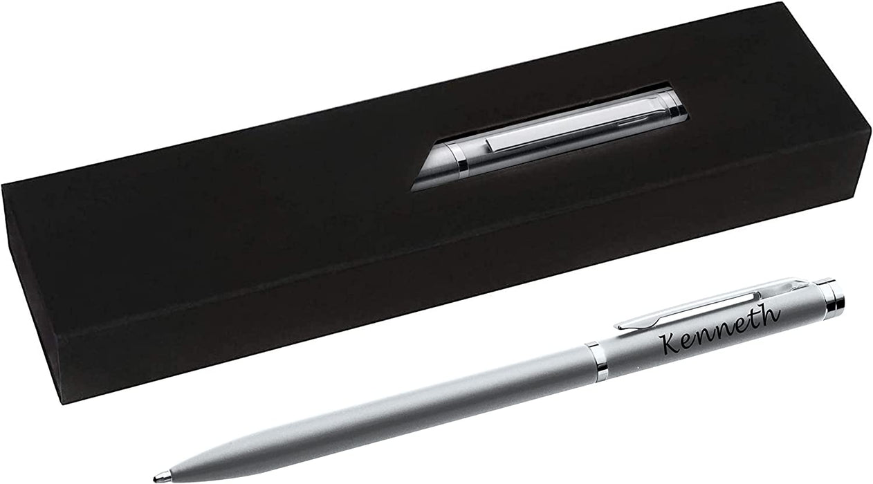 Personalised Engraved Light Grey Slim Ballpoint Pen with Silver Trim in Chrome Case or Gift Box