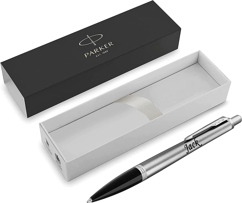 Personalised Engraved Parker Urban Silver Ballpoint Pen with Silver and Black Trim in Parker Gift Box