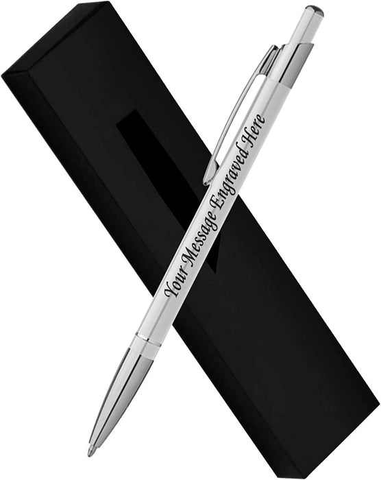 Personalised Engraved White Ballpoint Pen with Silver Trim and Clip in Gift Box and Velvet Pouch