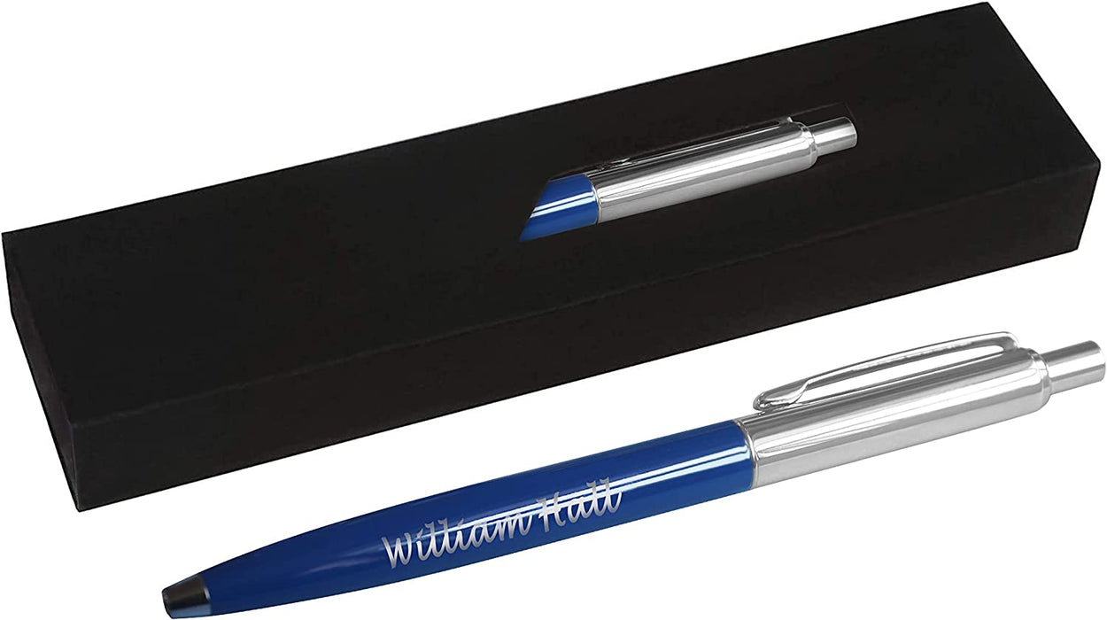 Personalised Engraved Blue Slim Ballpoint Pen with Silver Trim in Chrome Case or Gift Box