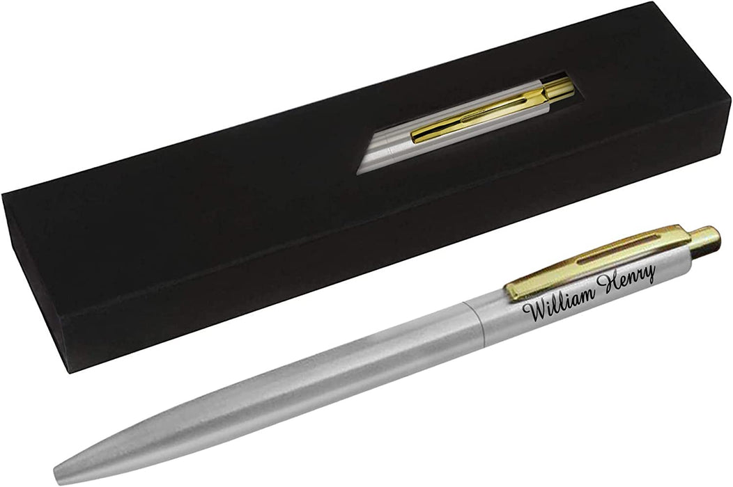 Personalised Silver Stainless Steel Ballpoint Pen with Gold Trim and Gift Box or Velvet Pouch