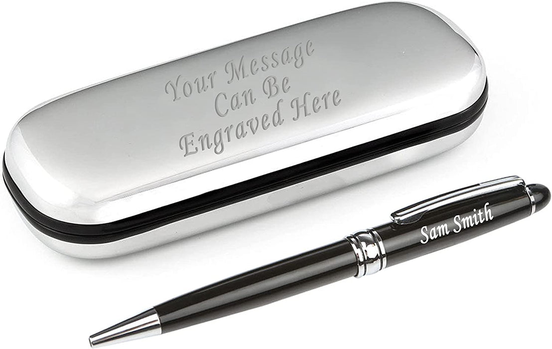 Paul Clover Personalised Black Ballpen with Silver Trim and Engraved SIlver Chrome Case