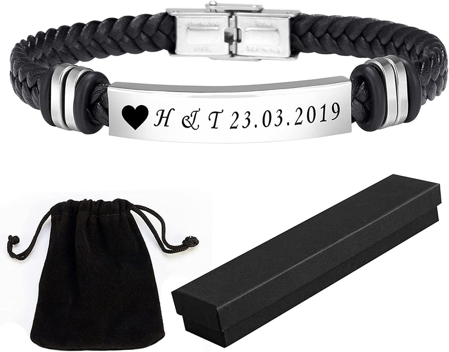 Personalised Leather Bracelet with Gift Box and Velvet Pouch