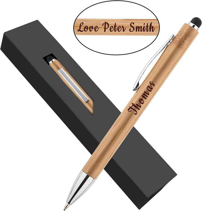 Paul Clover Personalised Engraved Natural Bamboo Ballpen and Black Stylus Tip with Gift Box