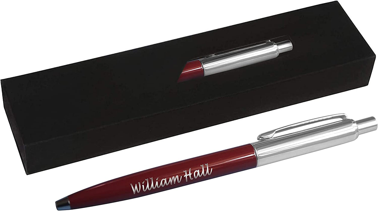 Personalised Engraved Dark Red Slim Ballpoint Pen with Silver Trim in Chrome Case or Gift Box