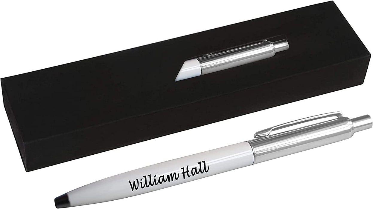 Personalised Engraved White Slim Ballpoint Pen with Silver Trim in Chrome Case or Gift Box