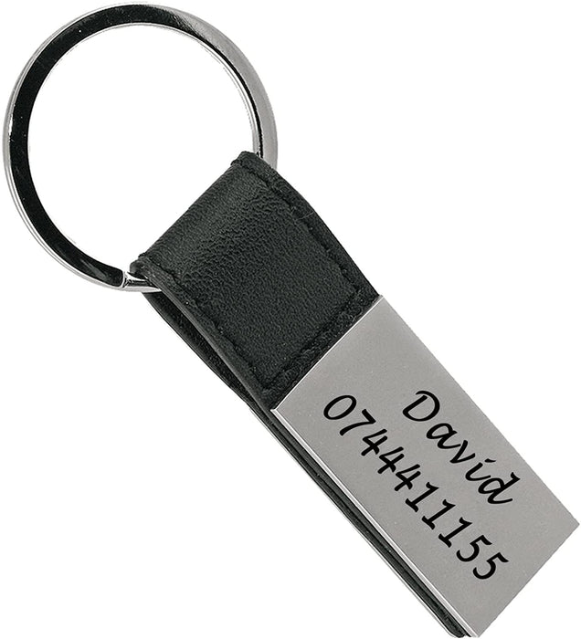 Personalised Silver Metal Keyring with Black Leather Strap