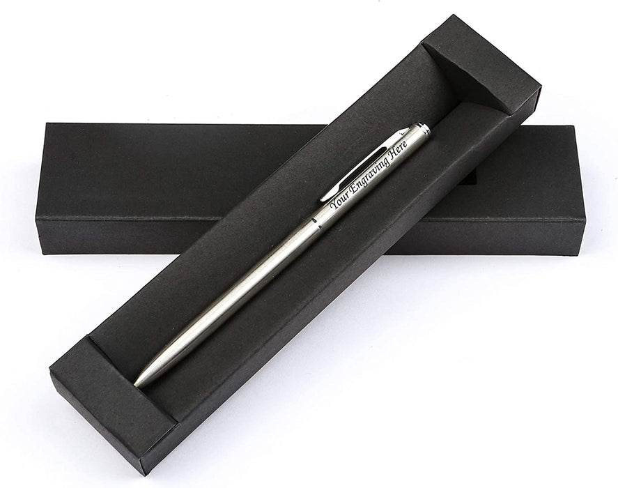 Personalised Engraved Light Grey Slim Ballpoint Pen with Silver Trim in Chrome Case or Gift Box