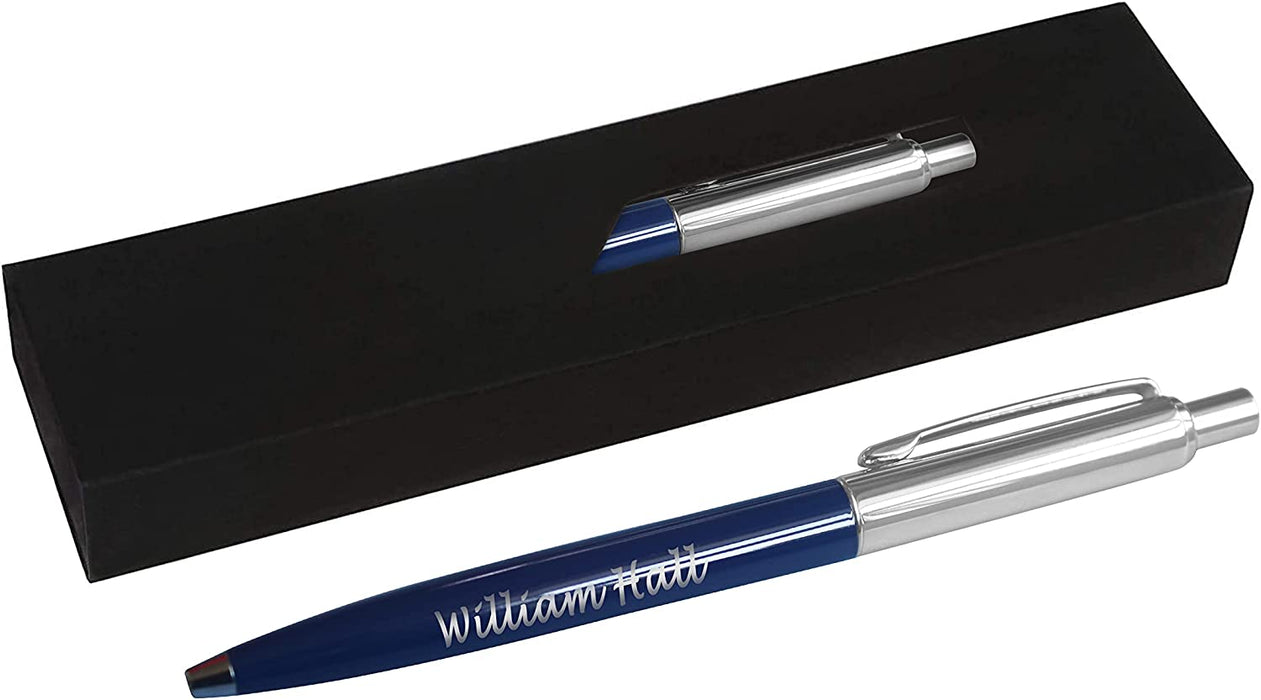 Personalised Engraved Navy Blue Slim Ballpoint Pen with Silver Trim in Chrome Case or Gift Box