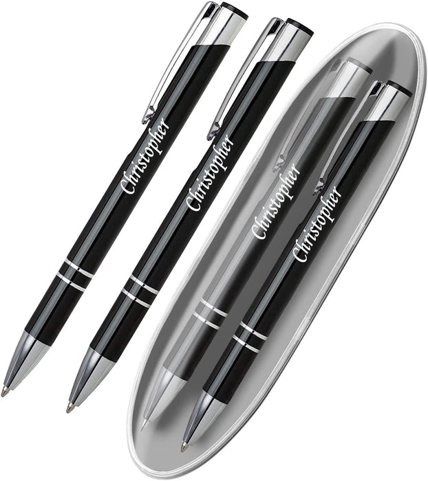 Personalised Engraved Black Pen and Pencil Set with Silver Trim in Presentation Case