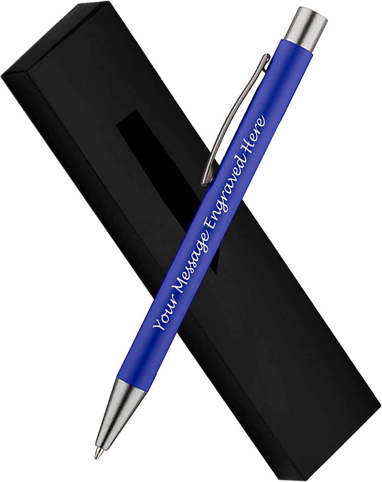 Personalised Dark Blue Ballpoint Pen with Rubber Design and Silver Trim in Gift Box or Velvet Pouch