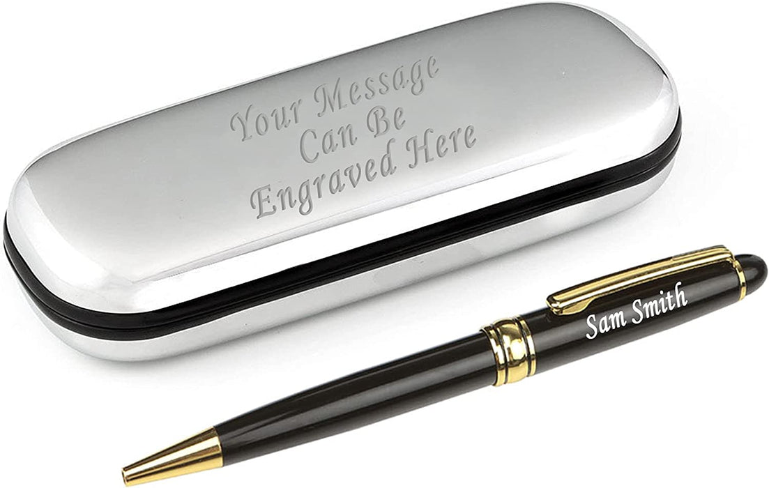 Paul Clover Personalised Black Ballpen with Gold Trim and Engraved SIlver Chrome Case