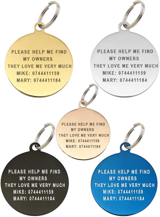 Personalised Engraved Round, Oblong and Bone Shaped Dog Collar ID Tags in Five Colours