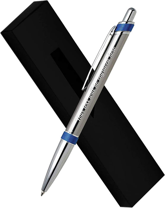 Personalised Silver Ballpen with Blue Textured Design and Presentation Box or Velvet Pouch Options