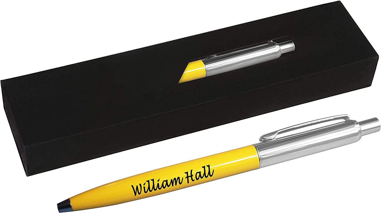 Personalised Engraved Yellow Slim Ballpoint Pen with Silver Trim in Chrome Case or Gift Box