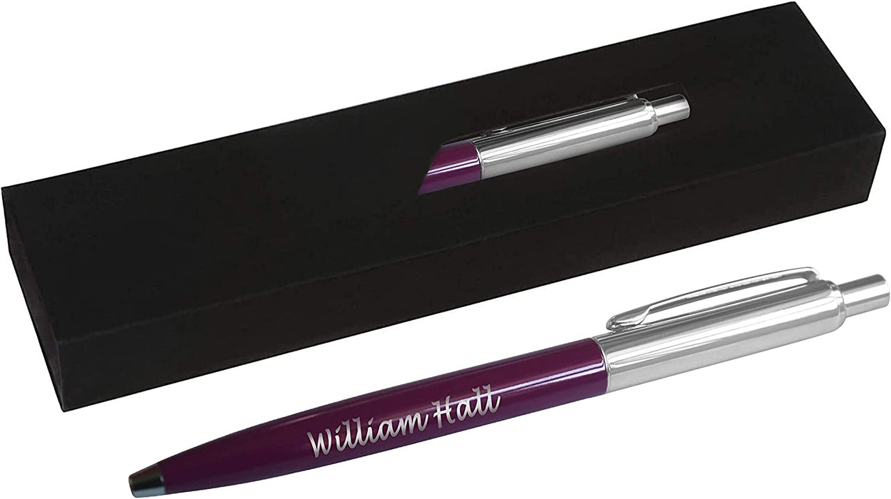 Personalised Engraved Purple Slim Ballpoint Pen with Silver Trim in Chrome Case or Gift Box