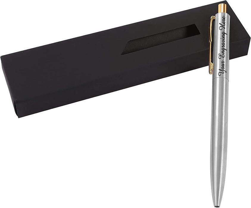 Personalised Silver Stainless Steel Ballpoint Pen with Gold Trim and Gift Box or Velvet Pouch