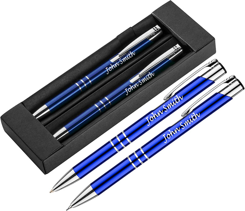 Personalised Engraved Blue Pen and Pencil Set with Silver Trim in Gift Box