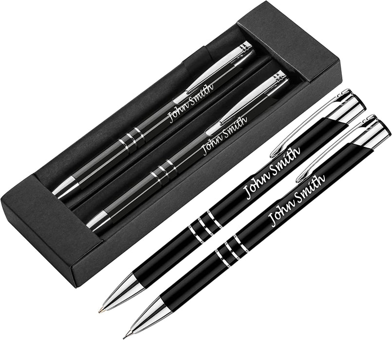 Personalised Engraved Black Pen and Pencil Set with Silver Trim in Gift Box