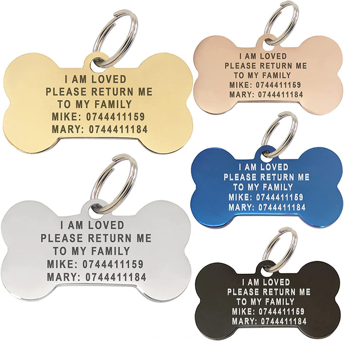 Personalised Engraved Round, Oblong and Bone Shaped Dog Collar ID Tags in Five Colours