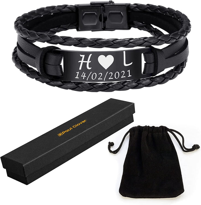 Personalised Leather Bracelet with Gift Box and Velvet Pouch